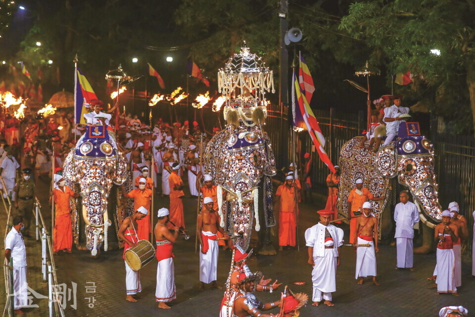 코끼리 위에 탄 왕과 귀족들이 치아사리를 이운하고 있다. 〈사진=스리랑카관광진흥국〉