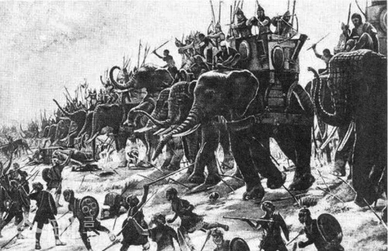 쿠빌라이가 칸에 오른 초기 몽골제국은 대원이란 두 가지 국호를 사용하였고 이미 세계 경영을 달성하였다. 아래는 코끼리부대를 중심으로 쿠빌라이의 부대가 남송의 수도 임안을 향하여 진격하는 모습이다. 