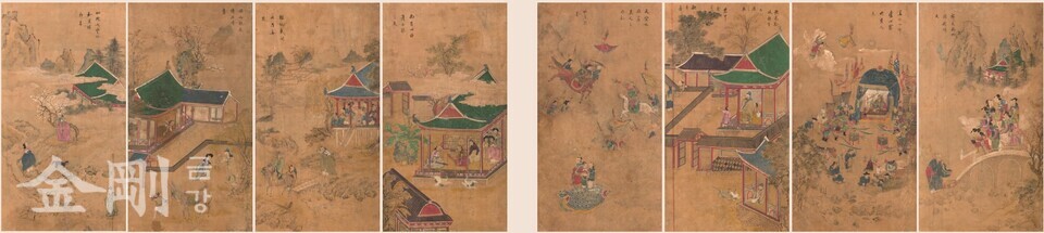 구운몽도 8폭 병풍(九雲夢圖八幅屛風), 지본채색 비단장황, 136.5 x 391cm, 국립민속박물관.