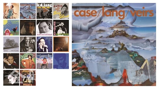 케이디 랭이 30여 년 간 발표한 앨범. 오른쪽은 2016년 발표한 앨범 ‘casr/lang/veirs’. 자켓 그림은 불교의 세계관을 표현한 티베트 탕카와 비슷하다. 〈사진=케이디 랭 공식 홈페이지〉